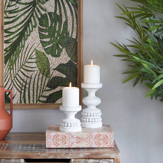 White Wood Beaded Pillar Candle Holder Set